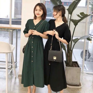 Đầm cổ V xếp li form dài 2 màu (kèm hình thật)