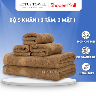 Bộ 5 Khăn Tắm, Lau Mặt LOTUS TOWEL 100% Cotton Cao Cấp Mềm Mịn Thấm Hút Không Ra Màu