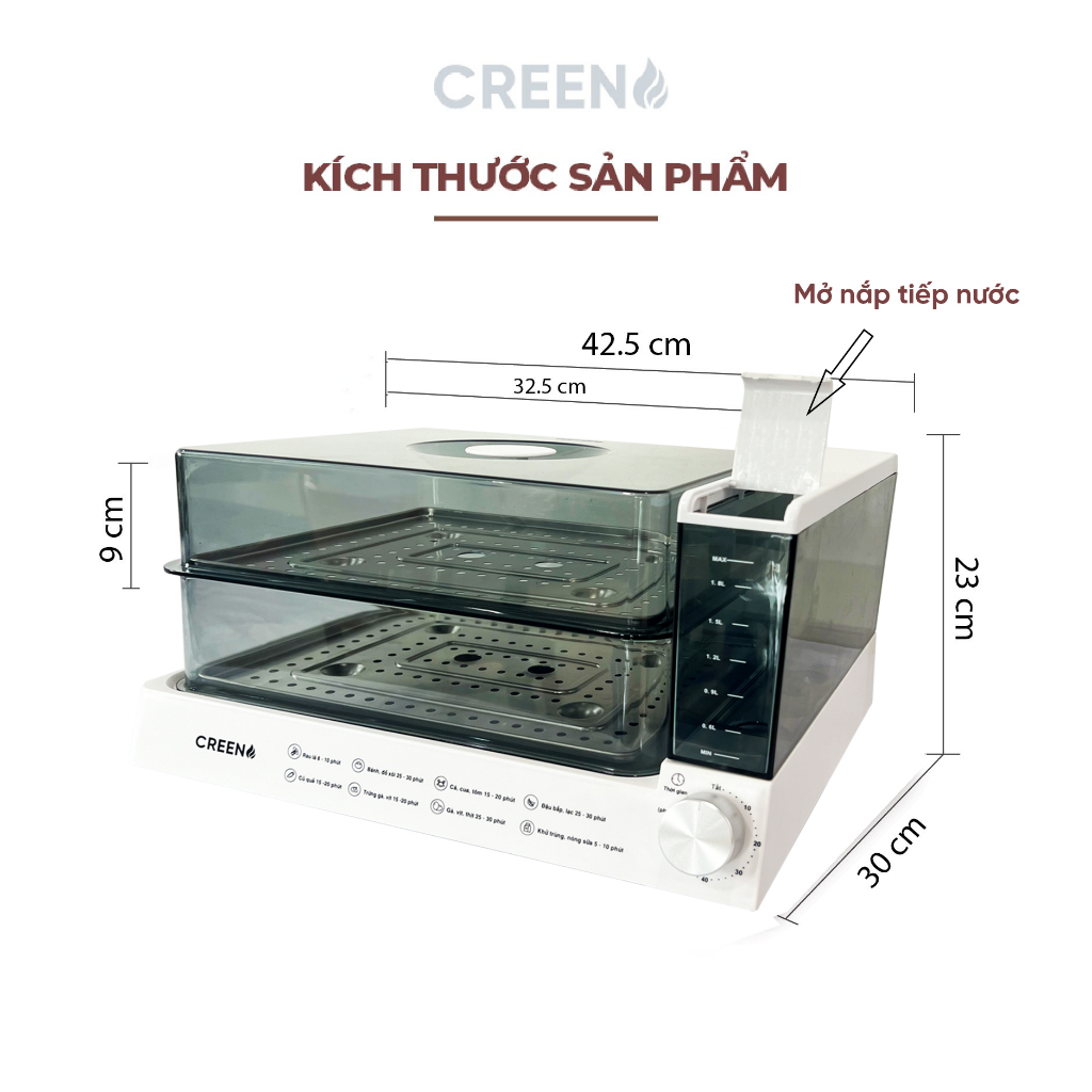 Nồi hấp Creen phiên bản mới, khay chứa nước có nắp, dễ dàng quan sát trong quá trình hấp
