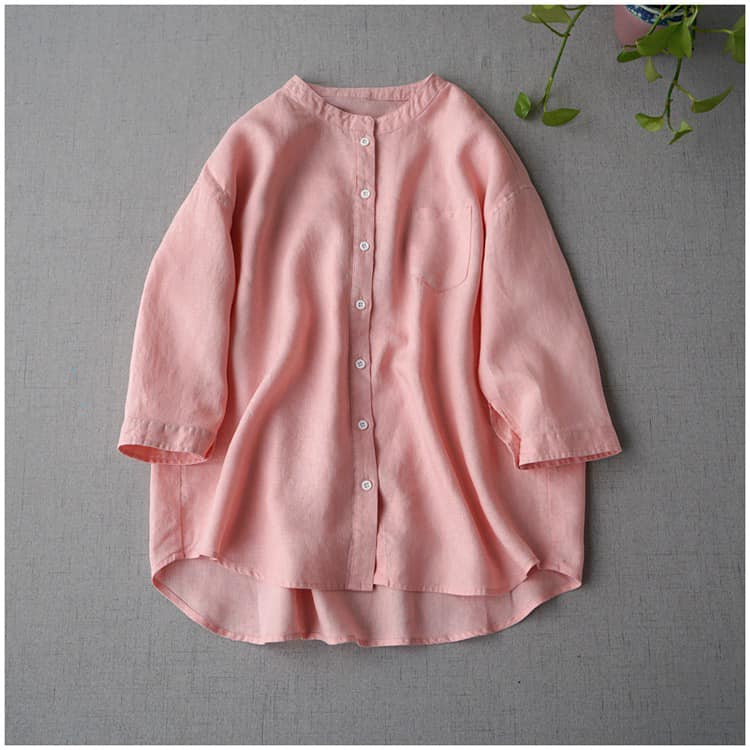 Áo Sơ Mi Nữ Cổ Tàu Dài Tay Form Dáng Suông Chất Liệu Linen Thoáng Mát