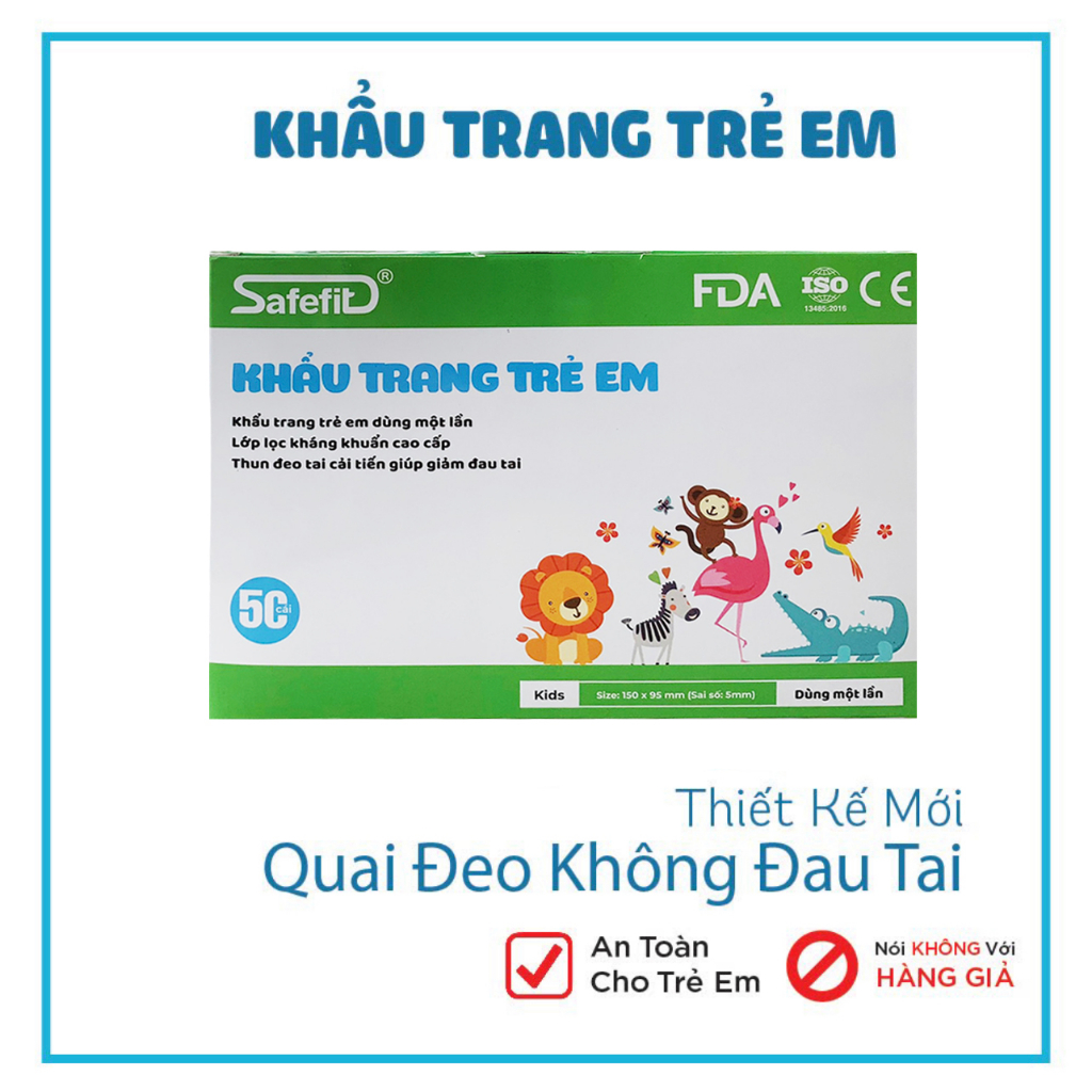 Khẩu Trang Safefit Trẻ Em 3 Lớp an toàn, chất lượng, Hộp  50 chiếc