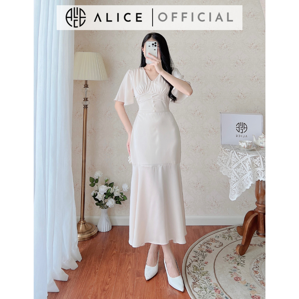 Váy Công Sở Cổ V Đuôi Cá Dáng Dài Chất Lụa Mềm ALICE Kèm Khuy Trước Ngực, Tay Loe Điệu Đà, Nhẹ Nhàng V931