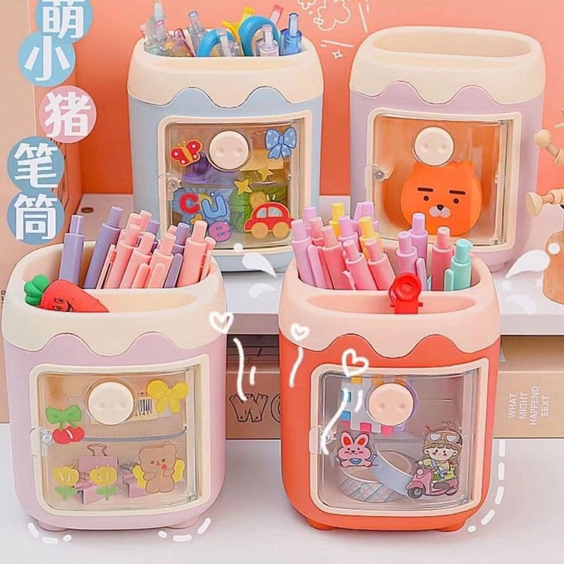 COMBO 2 HỘP ĐỰNG BÚT HÌNH HEO ĐỂ BÀN 2 NGĂN