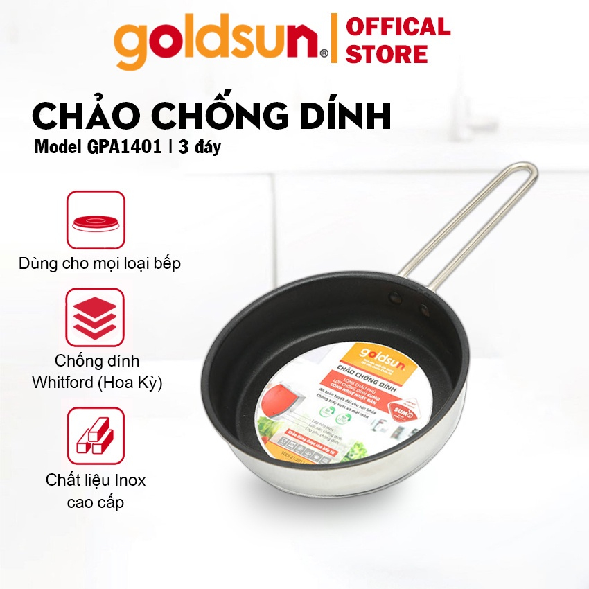 Chảo Inox Chống Dính Goldsun Đáy Từ 3 Lớp Sử Dụng Trên Mọi Loại Bếp Nhiều Kích Thước - GPA1401