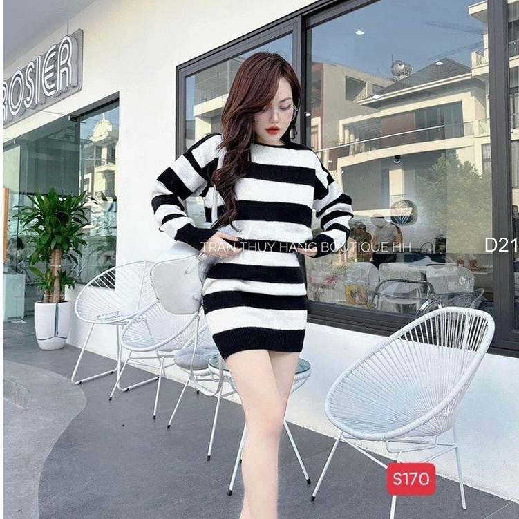 Set bộ 2 món len phối sọc áo dáng croptop tay dài kèm chân váy ngắn hàng đẹp QC!