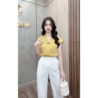 Áo sơ mi nữ công sở lụa cổ tim tay hến Evalover