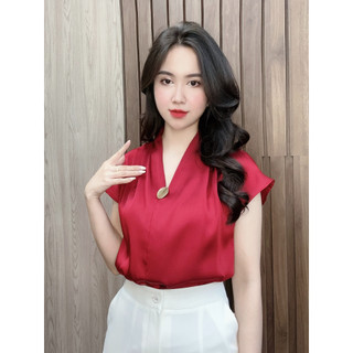 Áo sơ mi nữ công sở lụa cổ tim tay hến Evalover