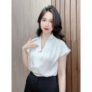Áo sơ mi nữ công sở lụa cổ tim tay hến Evalover