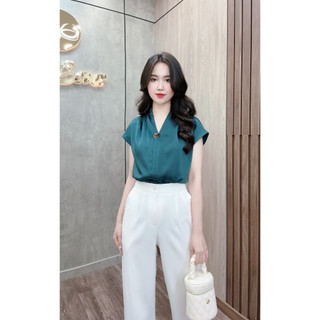 Áo sơ mi nữ công sở lụa cổ tim tay hến Evalover