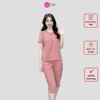 Bộ quần áo nữ mặc nhà họa tiết kẻ cổ bèo đính cúc Evalover