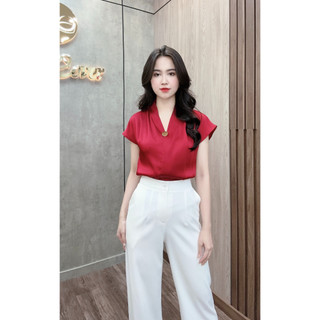 Áo sơ mi nữ công sở lụa cổ tim tay hến Evalover