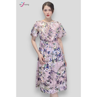 [Chính hãng] Đầm voan nữ cổ tròn dún xẻ V nơ dịu dàng - DE THUONG