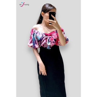 [Chính hãng] Đầm nữ cổ vuông tim tay ráp bí trước nơ - lụa - DE THUONG