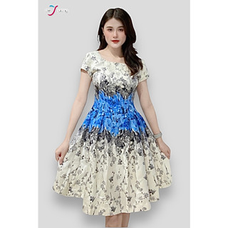 Đầm nữ cổ thuyền tay con rã eo tùng xoè xếp, dk sắt- trắng xanh- DE THUONG