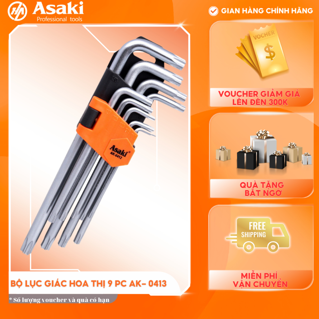 Bộ hoa thị Asaki AK-0413 bộ chìa lục giác bông 9 chi tiết T10-T50