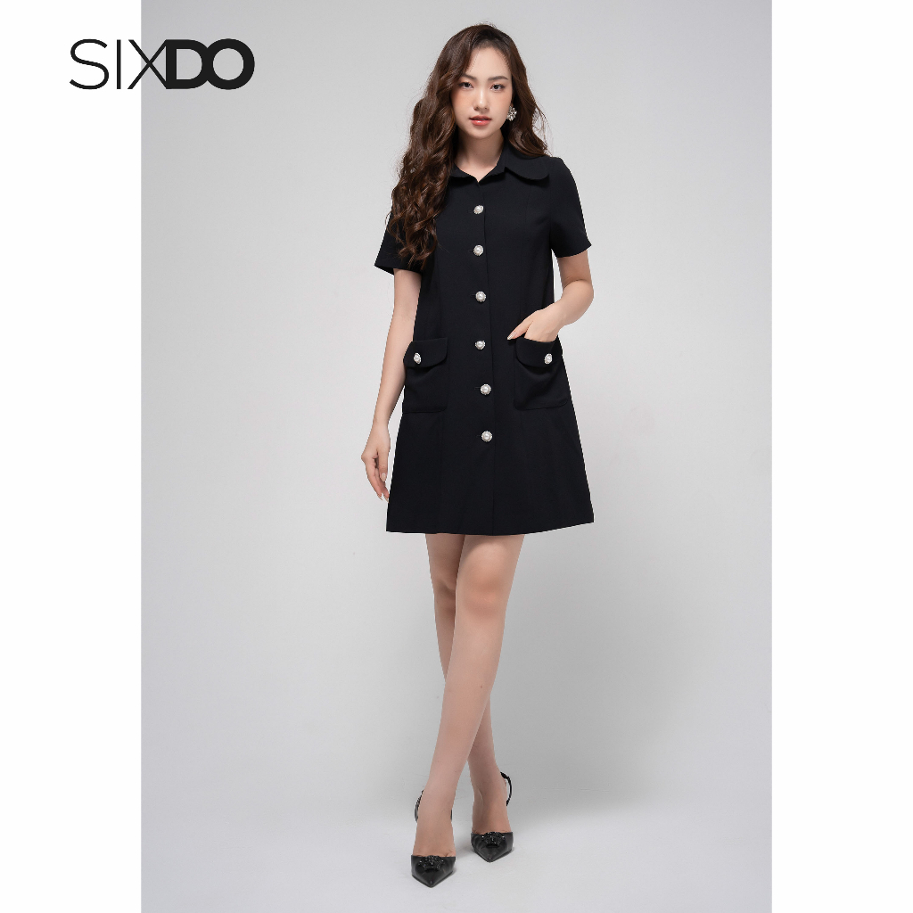 Đầm sơ mi phối túi thời trang SIXDO (Black Mini Woven Shirt Dress)