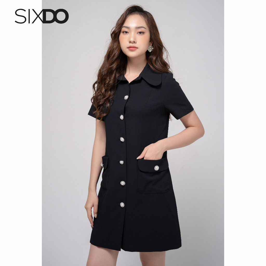 Đầm sơ mi phối túi thời trang SIXDO (Black Mini Woven Shirt Dress)