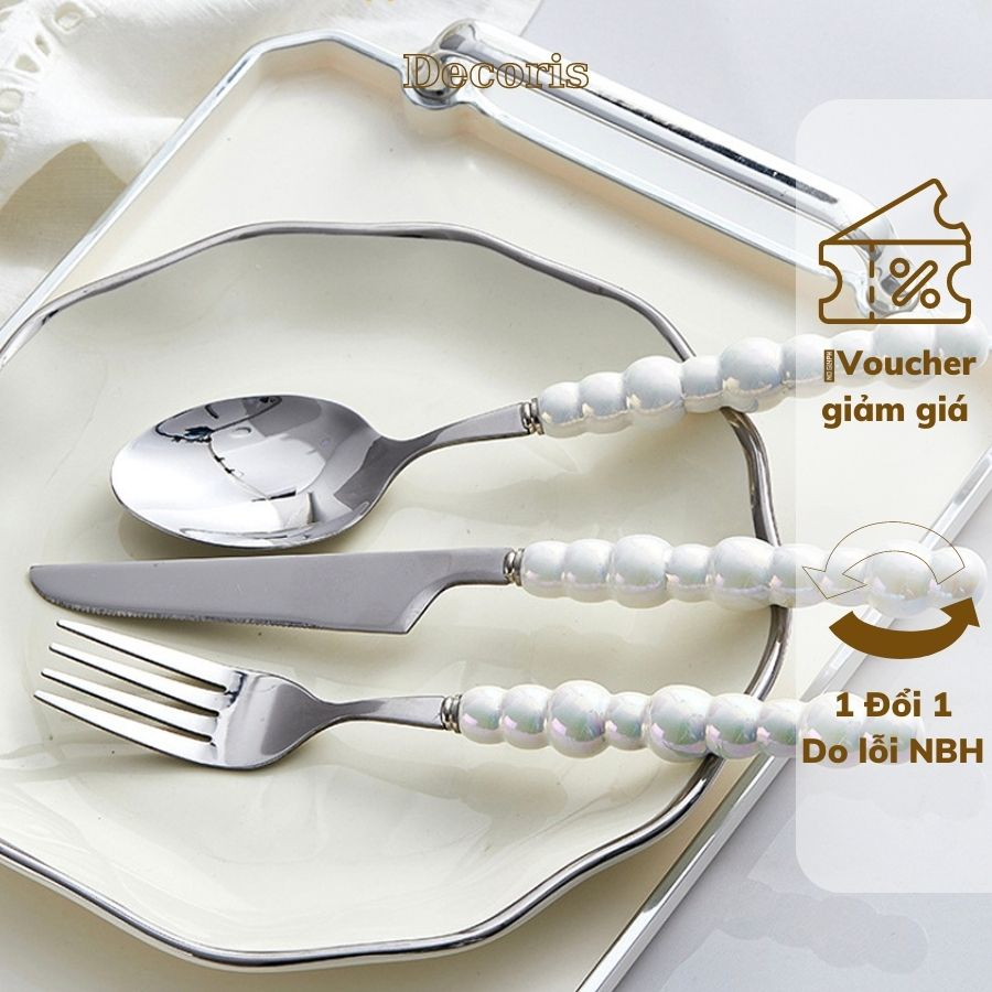 Bộ Dao Muỗng Nĩa Ăn Steak, Cán Sứ Kiểu Chuỗi Hạt Độc Đáo Lạ Mắt, Muỗng Inox, Thìa Cafe Sang Cán Sứ, Dĩa Ăn Trái Cây