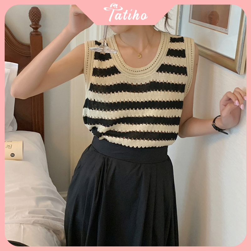 Áo ba lỗ, Áo thun croptop dệt kim kẻ sọc cổ tròn thoáng mát, phong cách Retro thời trang Hàn Quốc - Mã AH012