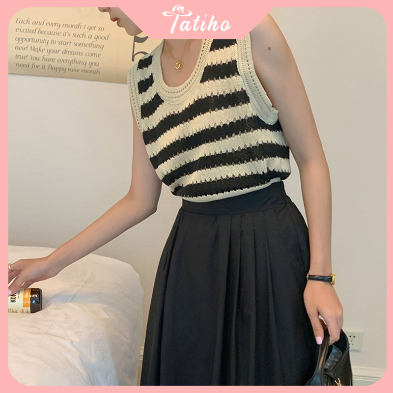 Áo ba lỗ, Áo thun croptop dệt kim kẻ sọc cổ tròn thoáng mát, phong cách Retro thời trang Hàn Quốc - Mã AH012