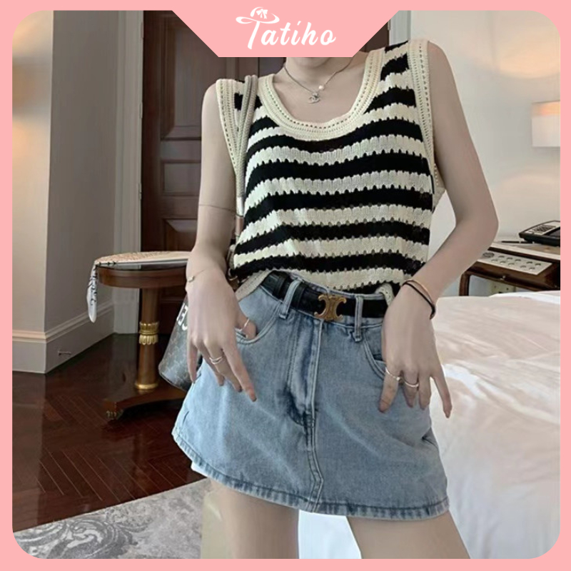 Áo ba lỗ, Áo thun croptop dệt kim kẻ sọc cổ tròn thoáng mát, phong cách Retro thời trang Hàn Quốc - Mã AH012