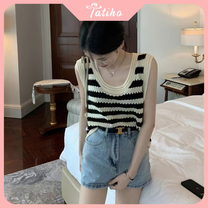 Áo ba lỗ, Áo thun croptop dệt kim kẻ sọc cổ tròn thoáng mát, phong cách Retro thời trang Hàn Quốc - Mã AH012
