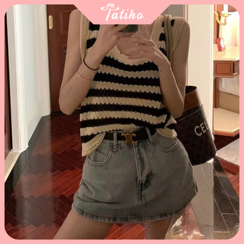 Áo ba lỗ, Áo thun croptop dệt kim kẻ sọc cổ tròn thoáng mát, phong cách Retro thời trang Hàn Quốc - Mã AH012