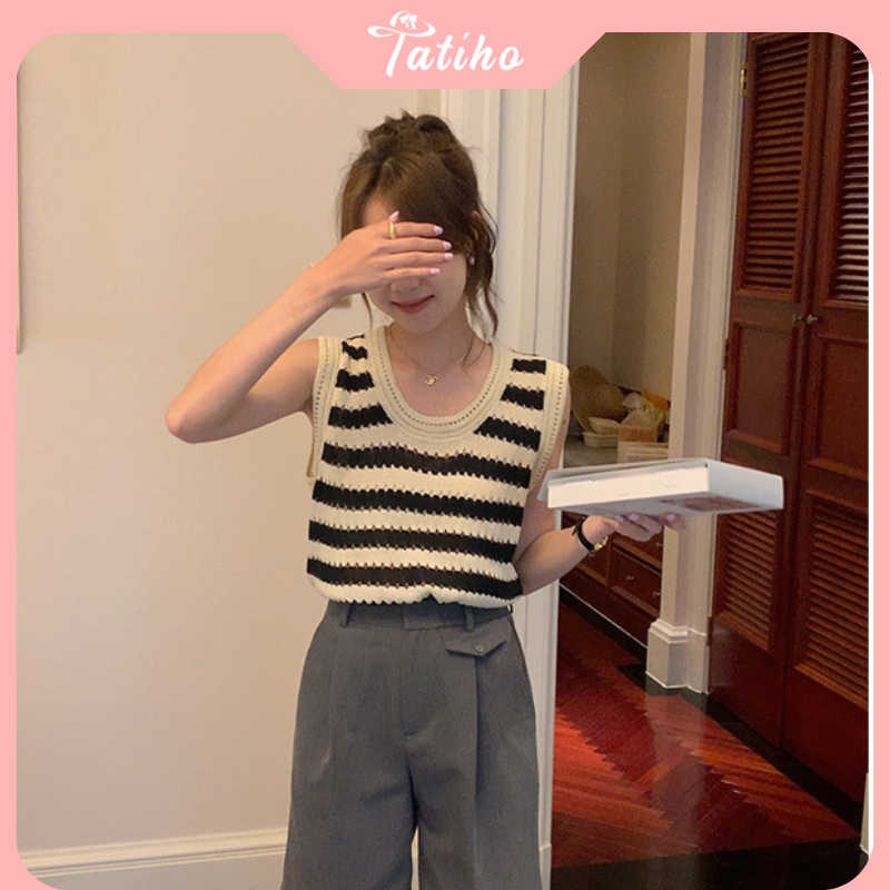 Áo ba lỗ, Áo thun croptop dệt kim kẻ sọc cổ tròn thoáng mát, phong cách Retro thời trang Hàn Quốc - Mã AH012