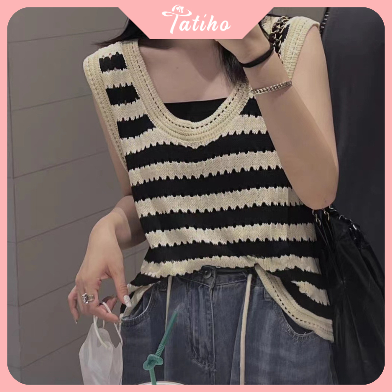 Áo ba lỗ, Áo thun croptop dệt kim kẻ sọc cổ tròn thoáng mát, phong cách Retro thời trang Hàn Quốc - Mã AH012