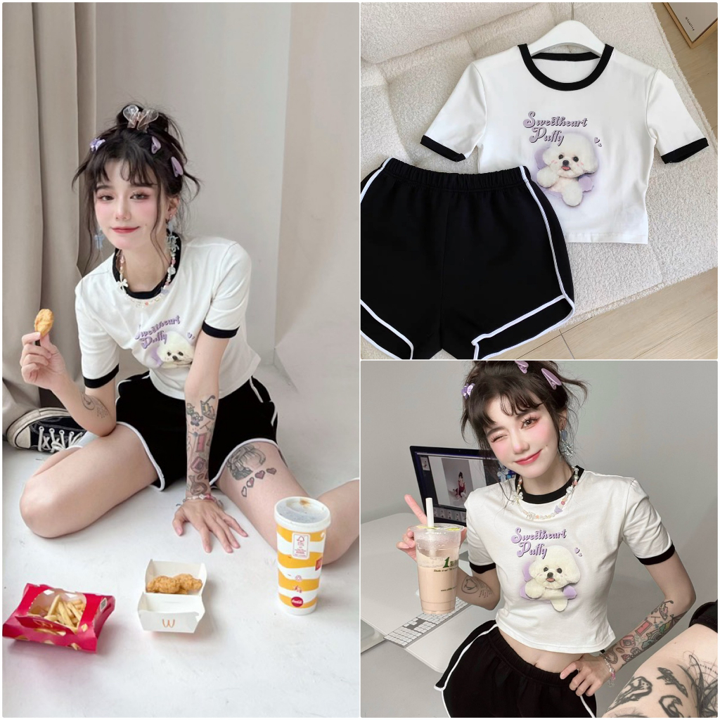 Set bộ croptop gấu con, siêu xinh, quần đùi viền chất dầy dặn mát