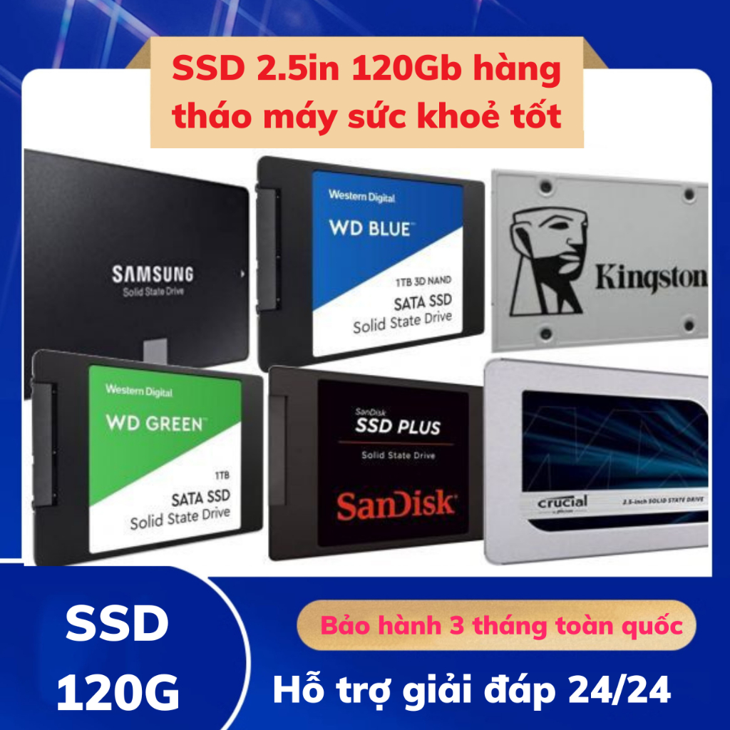 Ổ cứng SSD 120Gb chuẩn SATA 2.5in hàng bóc máy chính hãng Samsung,Kingston, Intel + tặng kèm miễn phí Cable chuẩn SATA 3