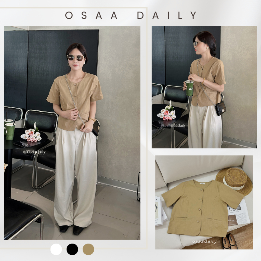 Áo sơ mi ngắn tay chất đũi thô Hàn dày dặn dáng croptop (ảnh thật shop chụp) OSAA DAILY