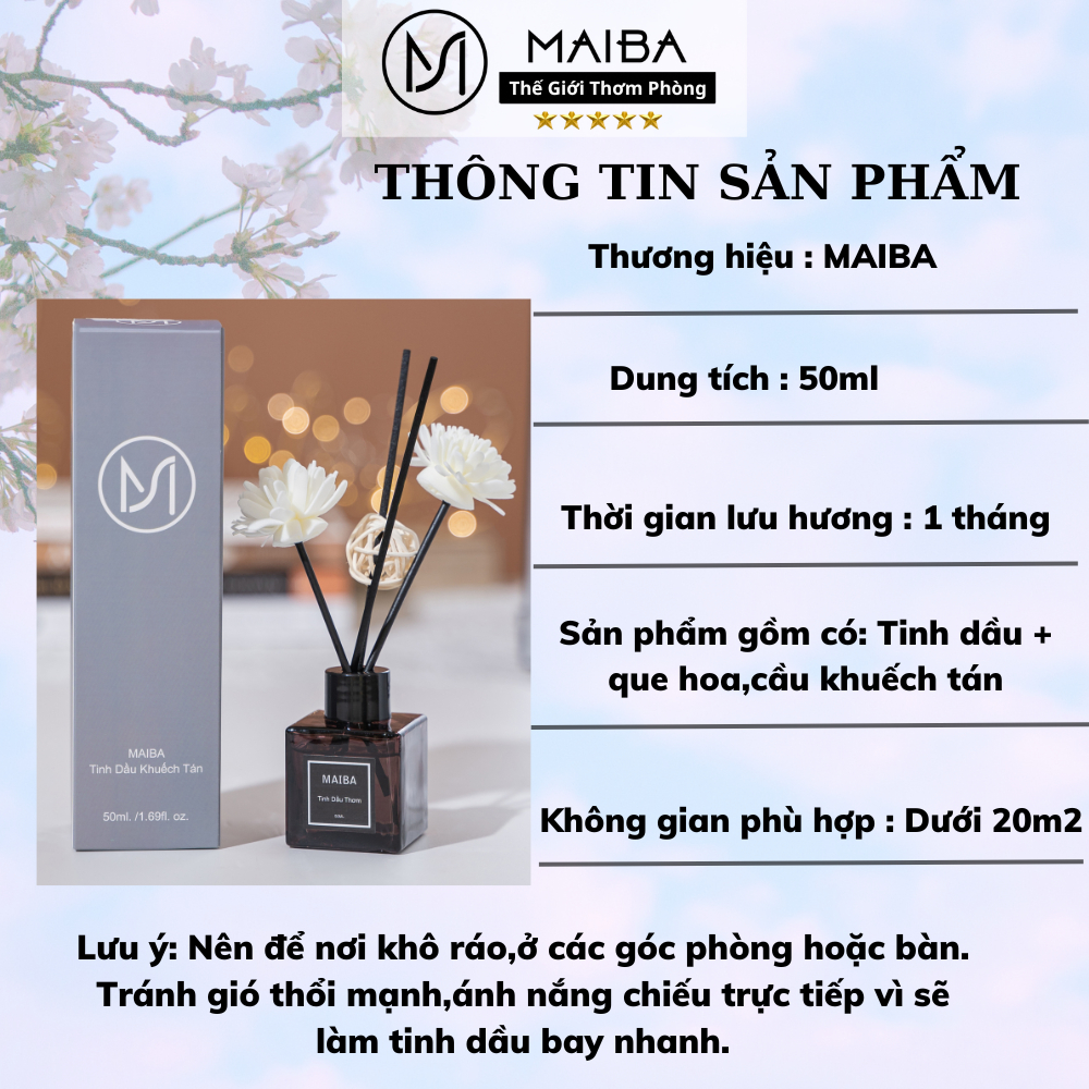 Tinh Dầu Thơm Phòng Hương Liệu Thiên Nhiên MAIBA 50ML Trang Trí,Decor Nhà Cửa Bản Sang Trọng Kèm Que Hoa Khuếch Tán MB50