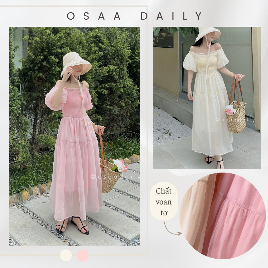 Váy maxi trễ vai, váy maxi đi biển chất tơ cao cấp chun ngực mặc được 2 kiểu | OSAA DAILY (ảnh thật shop chụp)