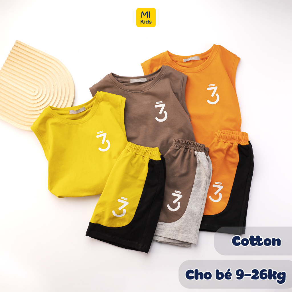 Bộ sát nách bé trai in Số 3 Justme nhỏ nhắn phong cách thời trang đáng yêu, thun cotton mát mịn cho bé mặc nhà mát mẻ