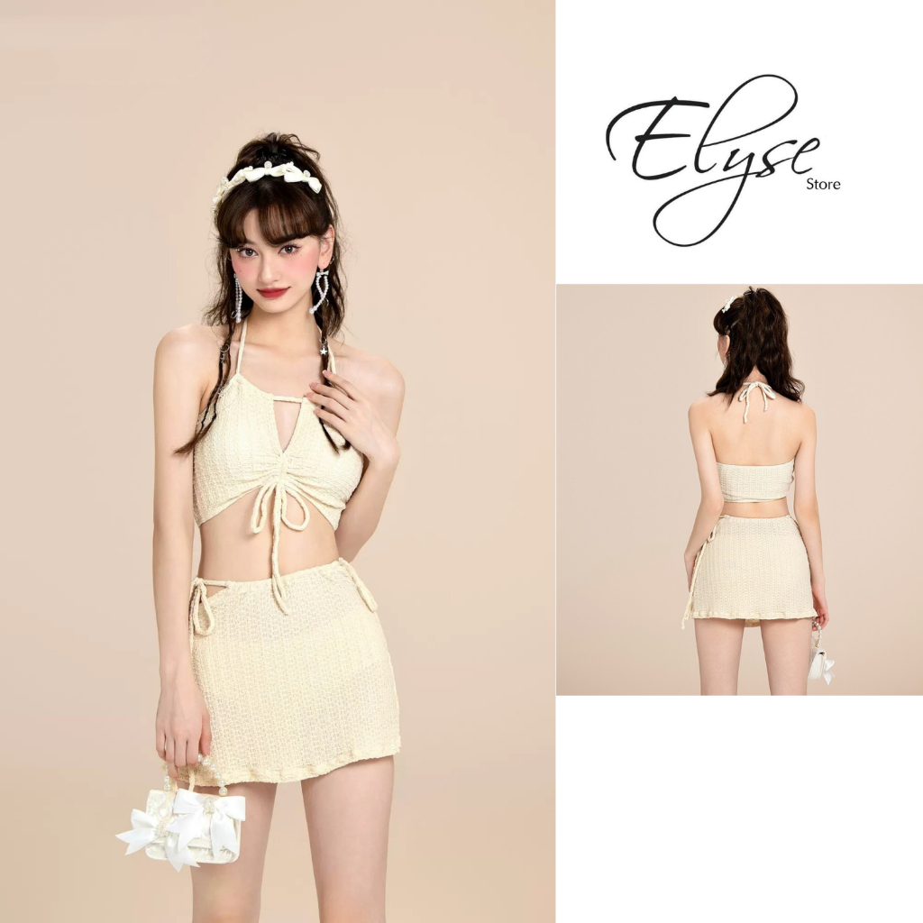 Bikini 2 mảnh đi biển set đồ bơi 3 chi tiết cho nữ áo cổ yếm rút nơ ngực kèm chân váy 765 B-2