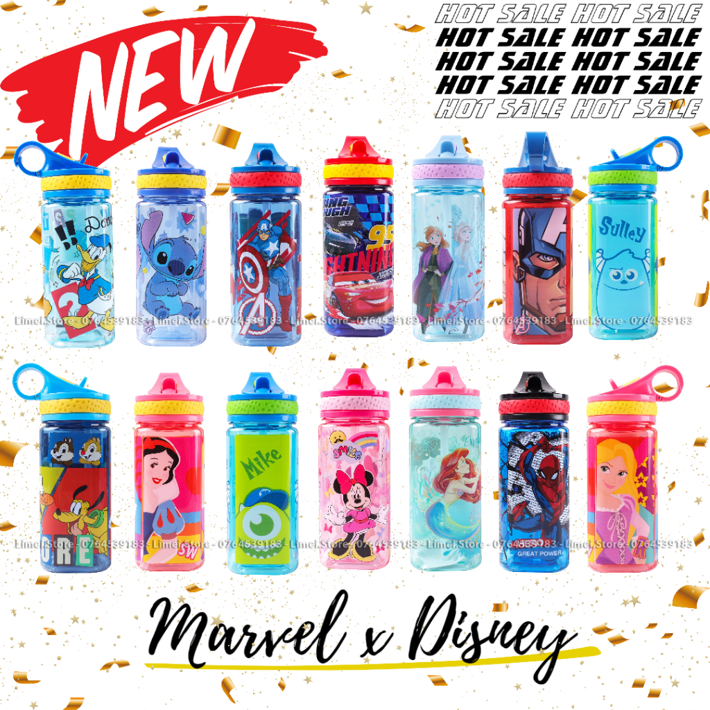 Bình nước vuông Disney có ống hút 22073 hình Spiderman Minnie Avengers Frozen Mickey Princess Stitch Sulley cho bé 460ml