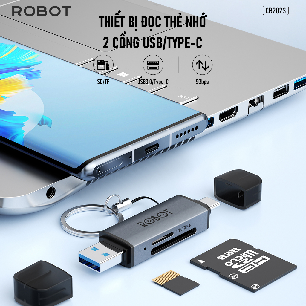 Thiết Bị Đọc Thẻ Nhớ SD/ MicroSD ROBOT CR202/CR202S Hai Đầu Type-C Và USB 3.0 Tốc Độ Truyền Cao Vỏ Kim Loại Nhôm Cao Cấp