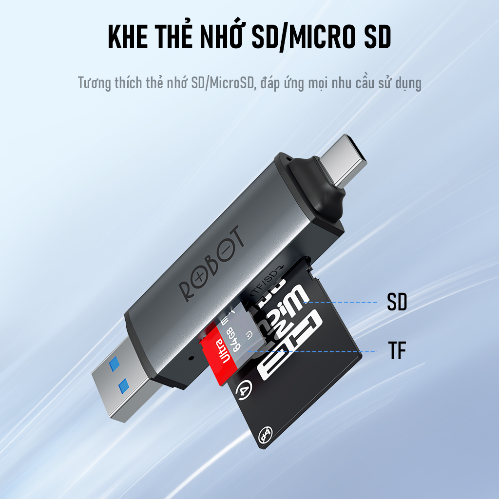 Thiết Bị Đọc Thẻ Nhớ SD/ MicroSD ROBOT CR202/CR202S Hai Đầu Type-C Và USB 3.0 Tốc Độ Truyền Cao Vỏ Kim Loại Nhôm Cao Cấp