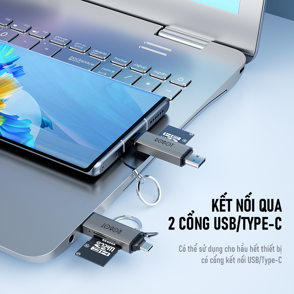 Thiết Bị Đọc Thẻ Nhớ SD/ MicroSD ROBOT CR202/CR202S Hai Đầu Type-C Và USB 3.0 Tốc Độ Truyền Cao Vỏ Kim Loại Nhôm Cao Cấp