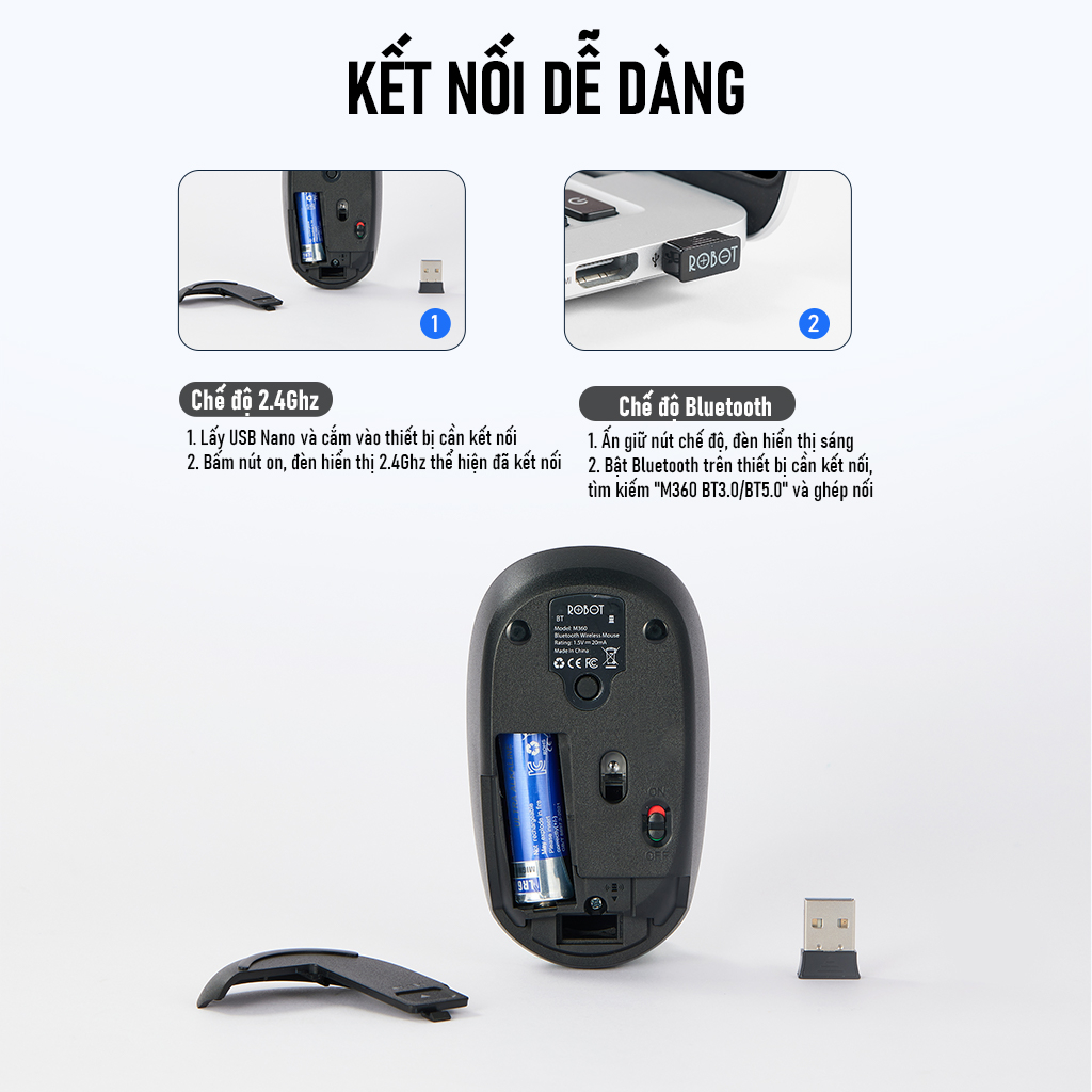 Chuột Không Dây Bluetooth 2.4GHz 6D ROBOT M360 ĐEN Chuột Tĩnh Âm Tặng Kèm Pin Phù Hợp Cho PC/Laptop