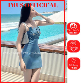 Đầm demin hai dây thiết kế 3 hoa có đính đá sang chảnh