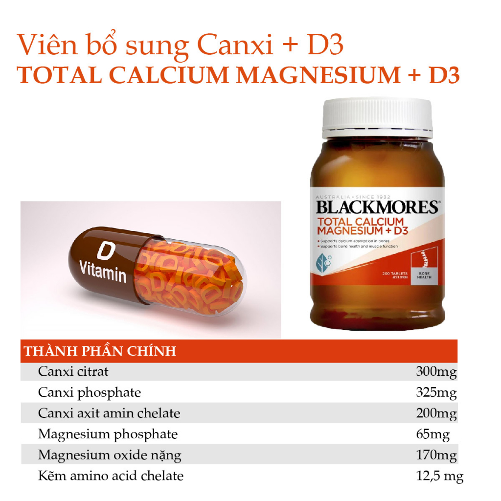 Bổ sung Canxi, Magie và D3 hỗ trợ xương khớp Blackmores Total Calcium & Magnesium + D3 phát triển chiều cao 200 viên