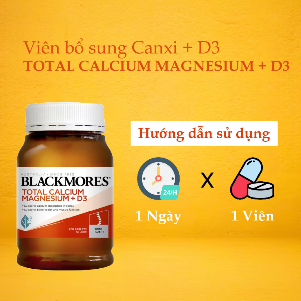 Bổ sung Canxi, Magie và D3 hỗ trợ xương khớp Blackmores Total Calcium & Magnesium + D3 phát triển chiều cao 200 viên