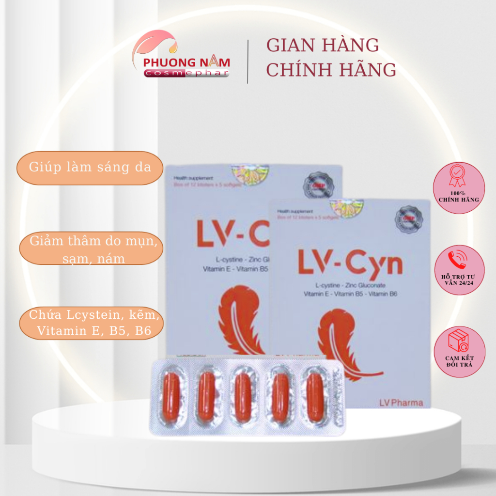 Viên uống L-Cystine xoá thâm mụn, sáng da, đẹp DA - MÓNG- TÓC LV Cyn Hộp 6 vỉ x 10 viên