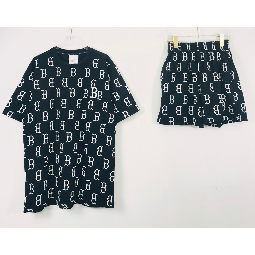 Set Đồ MLB Nam Nữ Hàng Xuất Dư Họa Tiết Logo Chữ B Màu Đen Basic, Set Đồ Thun MLB Boston Monogram