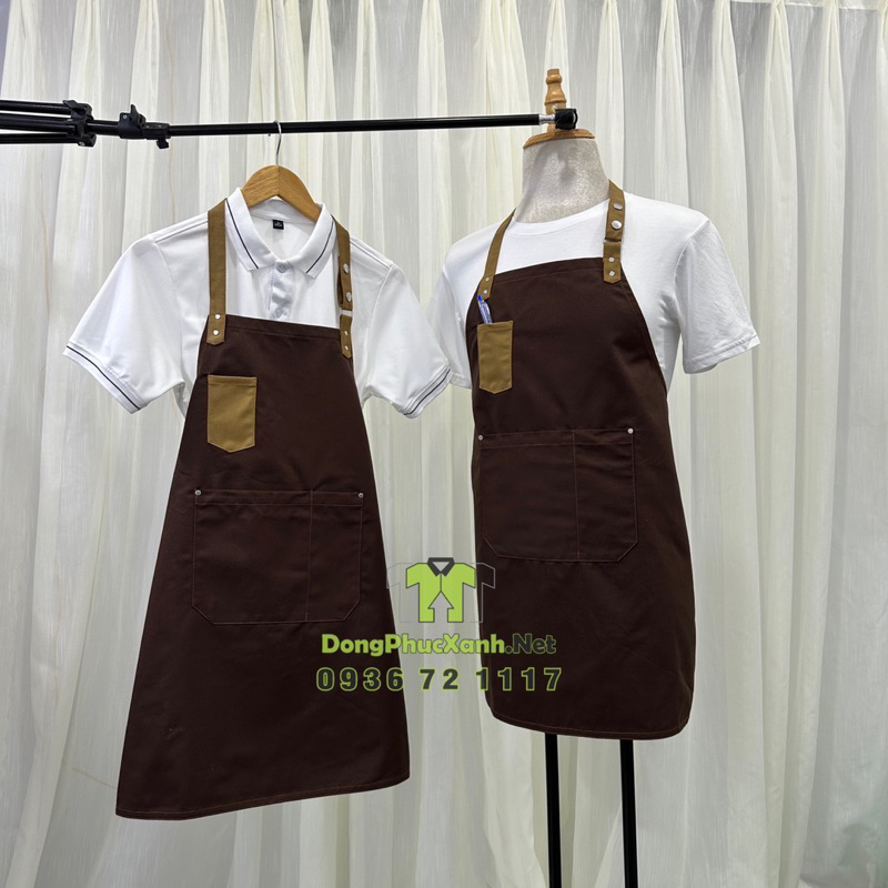 Tạp dề pha chế nam nữ Tạp dề dài trơn Tạp dề vải cotton kaki màu xanh rêu đen nâu làm đồng phục nhân viên cafe nước uống