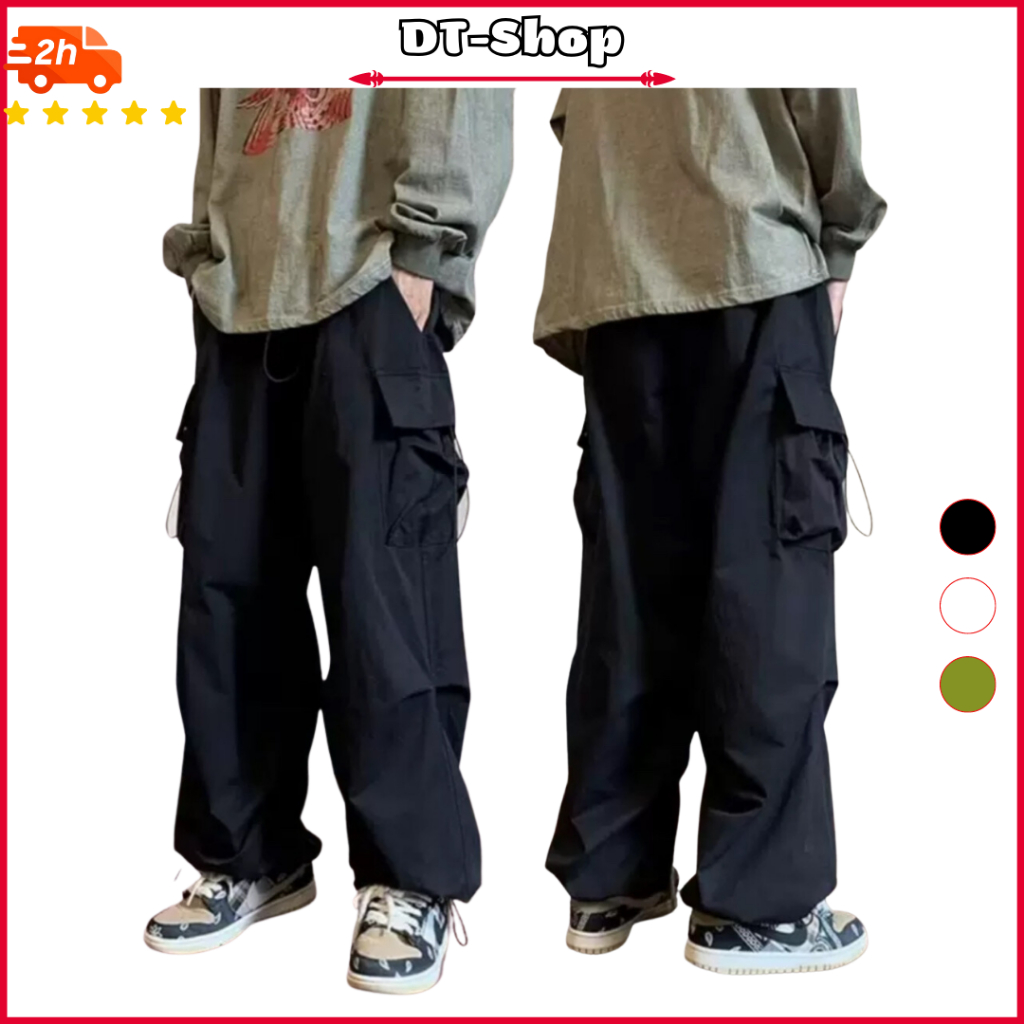 Quần Jogger Túi Hộp ống rộng Unisex Kaki Co Giãn có dây rút chân Phong Cách Hiphop Đường Phố Thể Thao