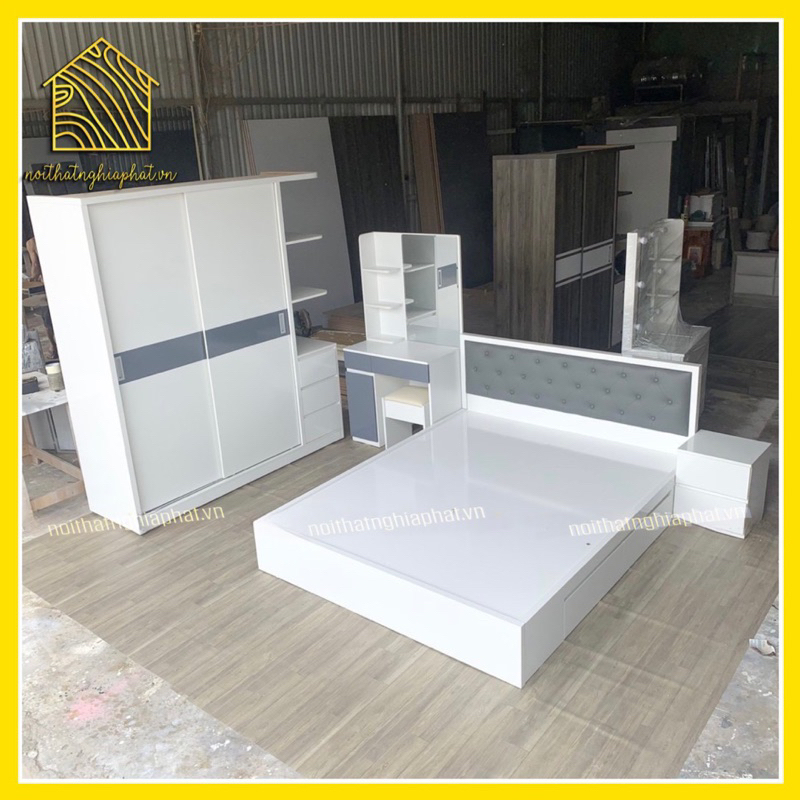Combo giường ngủ tủ quần áo gỗ MDF trắng xám