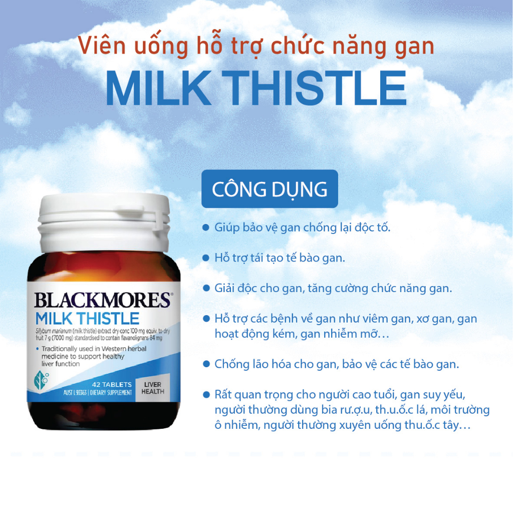 Viên uống bổ gan Blackmores Milk Thistle hỗ trợ bảo vệ và phục hồi gan 42 viên của Úc